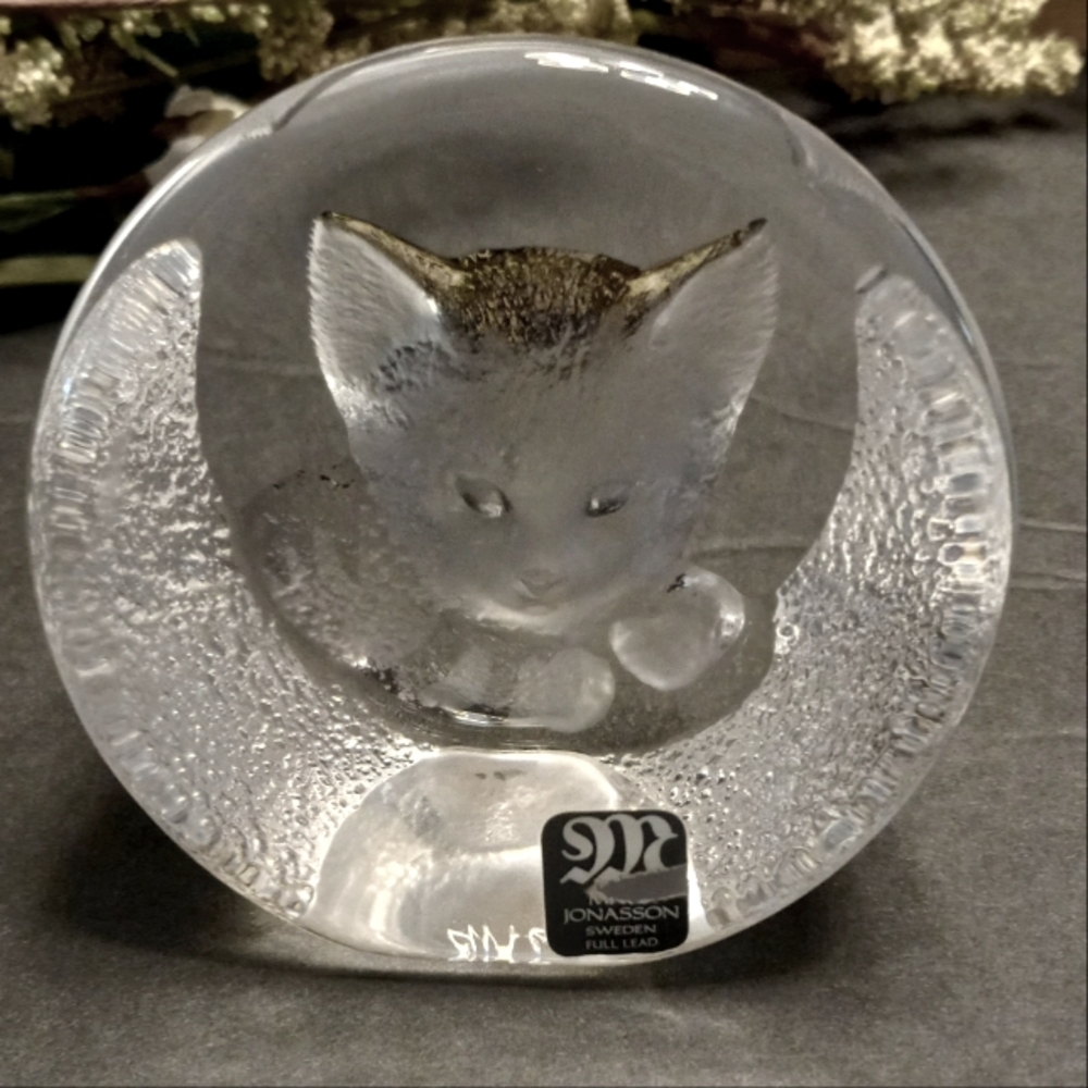 Signed Mats Jonasson Crystal Glass Kitten Paperweight. Full Lead. 3" Diameter.